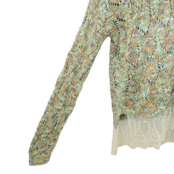 Gimmicks By BKE Pullover Sweater Womens Size L Open Knit Lace Hem Trim Green Tan - Picture 10 of 15